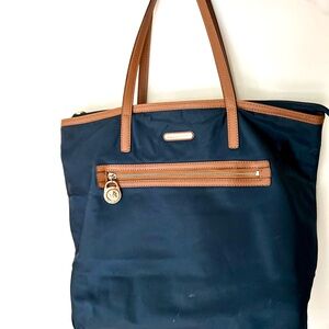 Michael Kors Large Black Nylon Tote Bag with Brown Saffiano Leather Trim